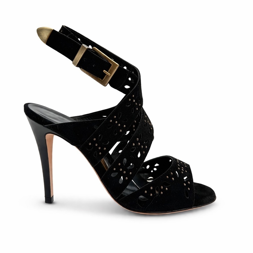 Manolo Blahnik Vintage Black Suede Laser Cut Studded Strappy Heels Sandals 37.5